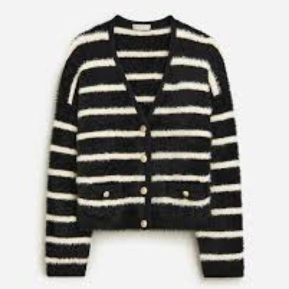 J Crew Lady Sweater Jacket Striped Brushed Yarn Womens Medium Black Fuzzy Button - Picture 1 of 8